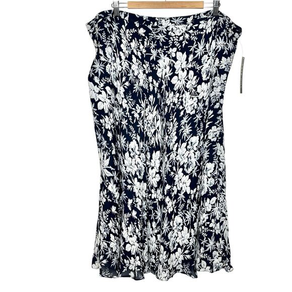 Floral Silk Midi Skirt Navy Blue White Womens Size 22W Kate Hill Coastal Summer - Picture 1 of 5